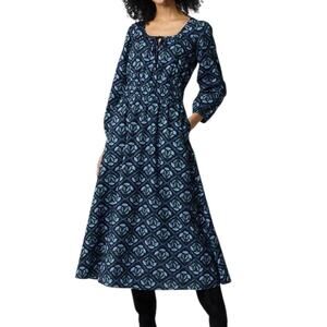 J Crew Long Sleeve Smocked Waist Poplin Midi Dress Black Blue Floral Tie Small 6